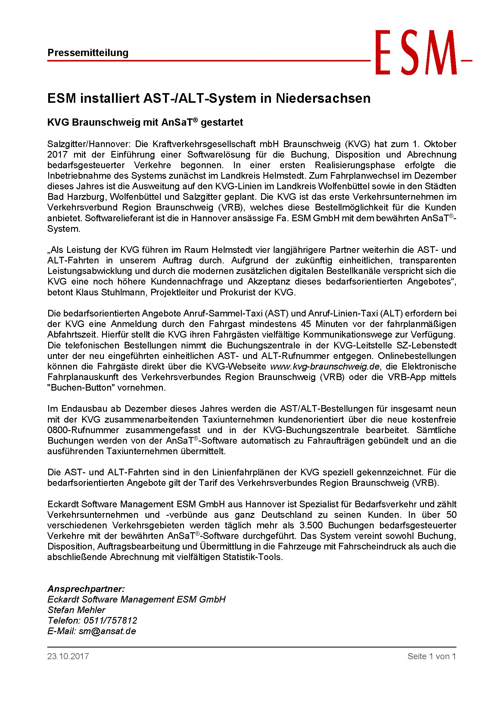 ESM installiert AST-/ALT-System in Niedersachsen