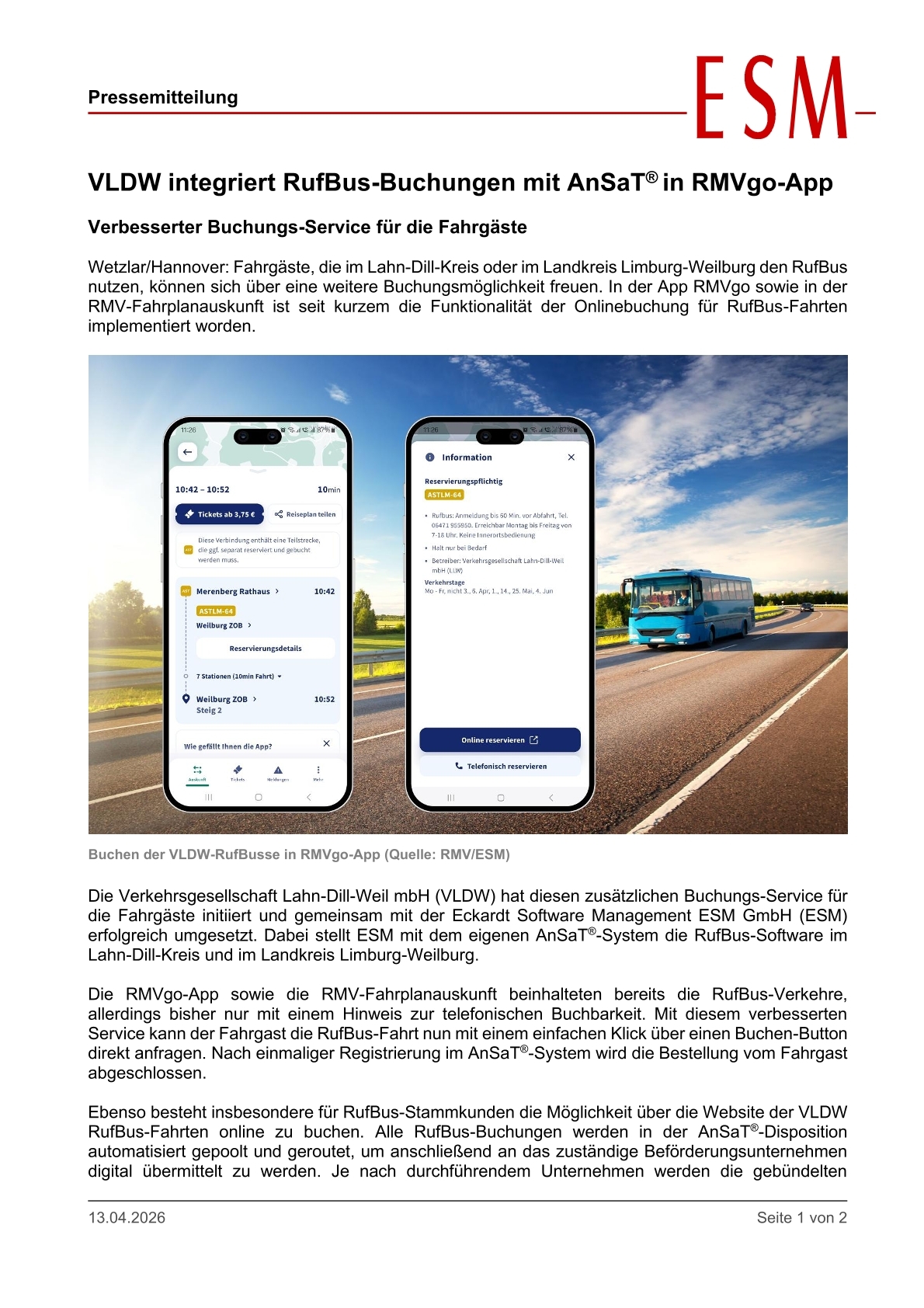VLDW integriert RufBus-Buchungen mit AnSaT® in RMVgo-App
